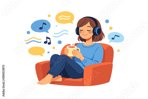 Person enjoys hot drink and listens to music while sitting on orange chair in their home