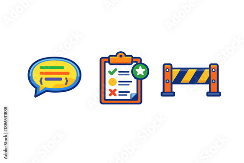 Icons showing communication, checklist, and construction barrier to illustrate project management and team collaboration in a work setting
