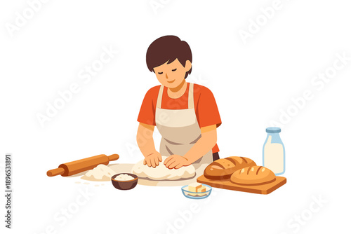Person kneads dough at home during the day in a bright kitchen with bread and milk on the table