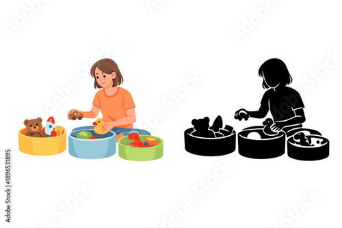 Child plays with colorful toys in two small containers while sitting on a clean surface in a bright indoor space during the daytime