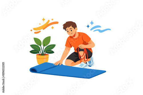 Man prepares yoga mat in living room for workout session with resistance bands and a plant nearby in the morning