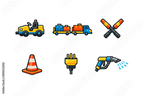 Different types of construction and safety equipment used in road work at a highway site during daytime hours for maintenance and repairs