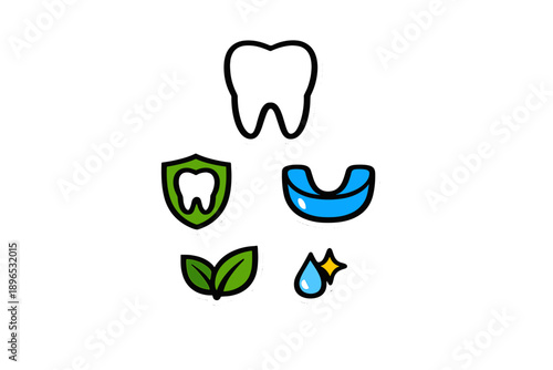 Different dental symbols showing a tooth, shield, mouth guard, leaves, and water, representing oral health and care in a simple design