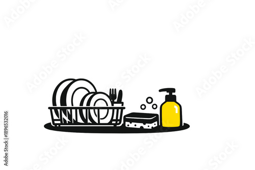 Dishes and cleaning supplies sit on a kitchen counter beside a dish rack filled with plates and utensils after a family dinner meal