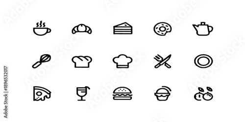 Vector icon set of food and web design symbols featuring black business and service illustrations for computer and internet applications