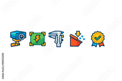 Icons show security, energy, measurement, construction, and quality assurance in a modern style for business or tech use