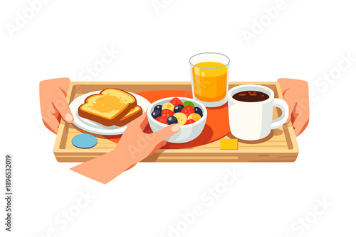 Breakfast tray with toast, fruit salad, orange juice, and coffee served to a person in a bright setting