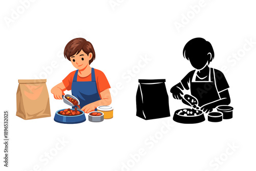 Young person prepares food in kitchen for pet using bowl and containers during daytime activity