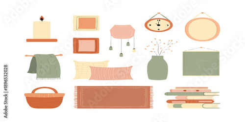 Vector illustration of a vintage furniture set including a sofa, bed, and icons for a home interior room design