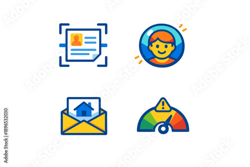 Icon set showing profile card, smiley face, envelope with house, and speedometer for user identification and monitoring