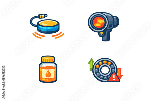 Tools and items used for various tasks in daily life such as monitoring, health, and machinery maintenance often seen in workshops and homes