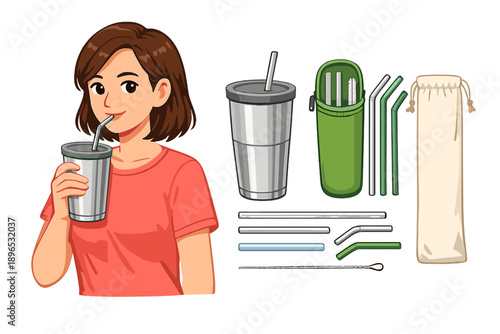 Woman drinks from a reusable cup while showing various reusable straws and a carrying case for eco-friendly living products