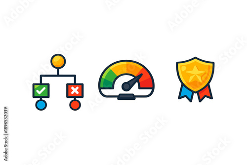 Icons representing decision making, performance measurement, and achievement in a simple and clear design, used for educational or business purposes in a digital format