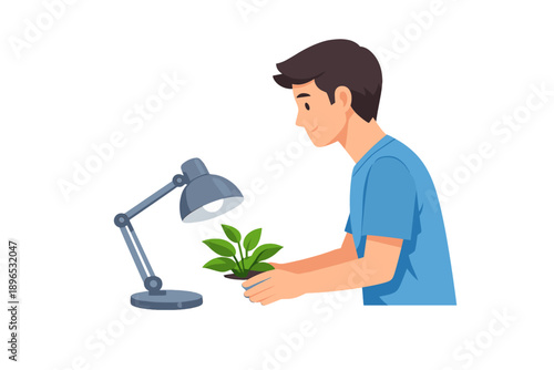 A person takes care of a potted plant under a desk lamp while sitting at a table in a bright room