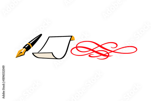 Drawing with a pen on a blank sheet with red ink designs on the side during a creative session in a studio