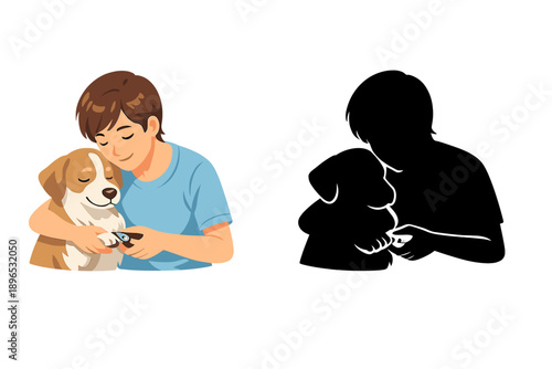 Boy sitting with dog while petting it in a simple indoor setting during the day