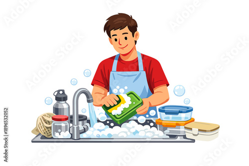 Washing dishes at the kitchen sink while bubbles form around the soapy water in a domestic setting during daytime