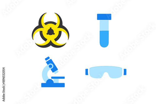 Laboratory tools for scientific research including a hazard symbol, test tube, microscope, and safety glasses on a white background