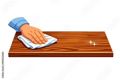 Person cleans a wooden table with a cloth in a bright setting during the day to remove dust and make it shine