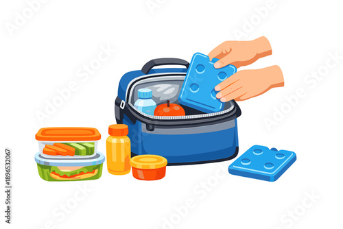 Lunch preparation involves placing food and ice packs in a blue cooler bag for a picnic or outing at a park or beach