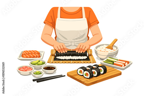 Making sushi at home with fresh ingredients and careful hands in a kitchen setting during the afternoon
