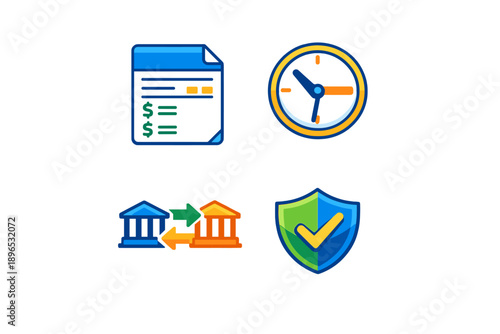 Detailed view of financial concepts showing documents, clock, banks, and a shield symbolizing security in transactions