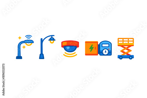 Urban scene with street lights, sensors, and electrical boxes during daytime