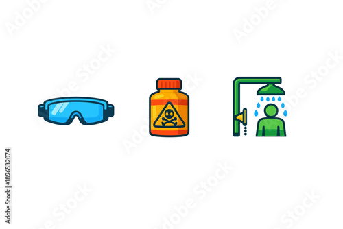 Safety gear for handling hazardous materials, including goggles, warning labels, and decontamination showers used in workplaces