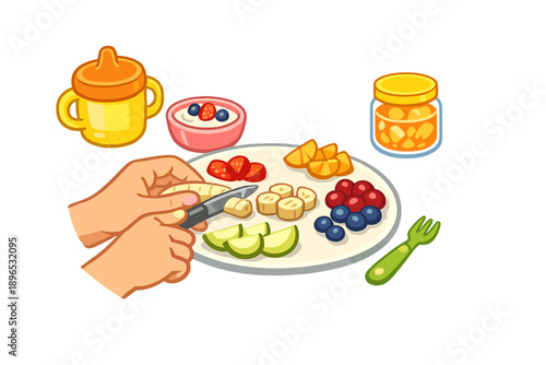 Hands prepare a plate of fruit and yogurt while surrounded by jars of jam and a cup for children in a kitchen