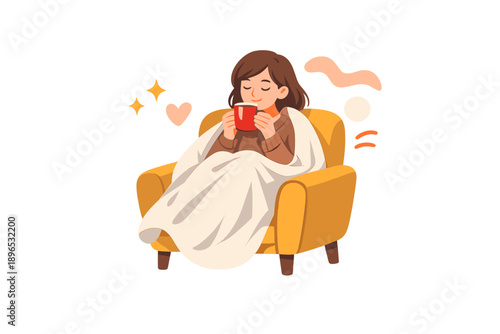 Woman sits in yellow chair with blanket and holds cup while enjoying a quiet moment at home during a cozy evening