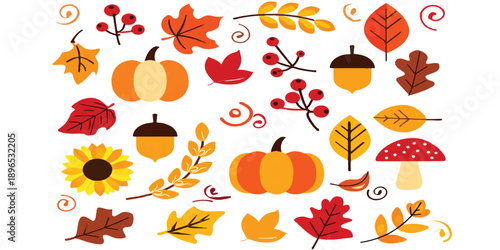 Vector illustration set of autumn leaves and fruits featuring pumpkins and harvest vegetables for fall season nature design and thanksgiving holiday decoration

