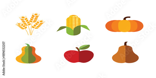 Vector illustration of a fresh pumpkin set and healthy vegetable collection featuring cartoon icons of apple, tomato, and carrot for vegetarian diet design