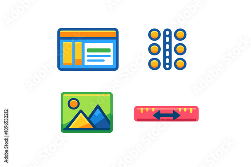 Icons show different design components for web and graphic design projects at a digital workspace during working hours