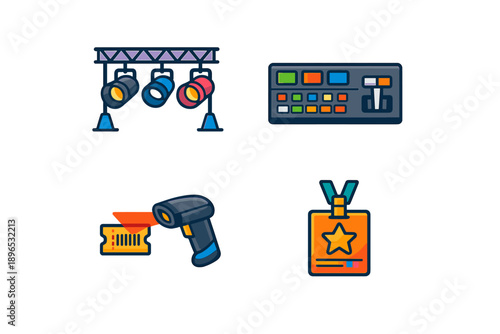 Tools and equipment used in event management and production hosted in a venue during the day with various tasks highlighted for organization and planning