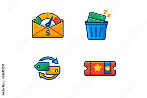 Icons representing financial concepts related to spending, saving, and transactions found in digital activities and apps