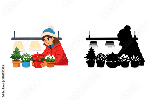 Person places a red flower pot on a table with green plants under a bright light in a room during winter season
