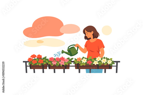 Woman waters flowers in a garden during daytime under a bright sky with clouds