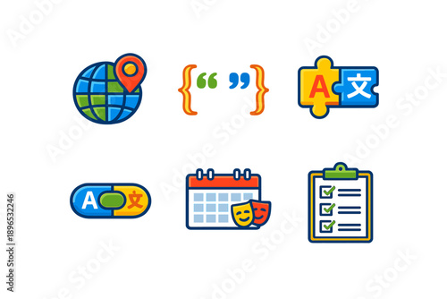 Icons representing language, translation, and global communication methods along with various tools used for language learning and planning activities