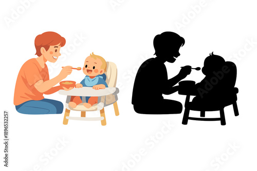 Parent feeds baby in high chair during mealtime at home, sharing a fun moment and smiles in the morning