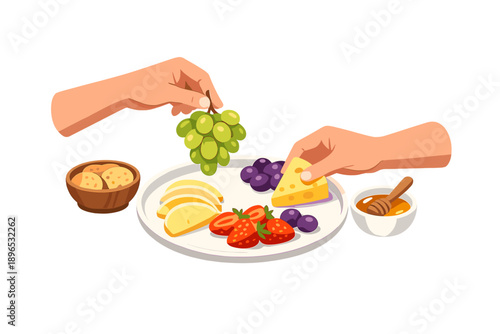 Hands serving grapes, cheese, and fruits on a plate during a food gathering around 3 PM in a casual kitchen setting