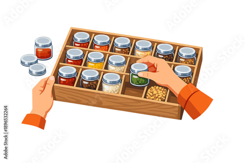 Hands organize jars of spices in a wooden box while two jars sit nearby on a clean surface in a kitchen setting during the day