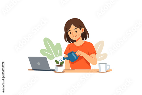 Woman waters a small plant while working on her laptop in a home office setting during the day