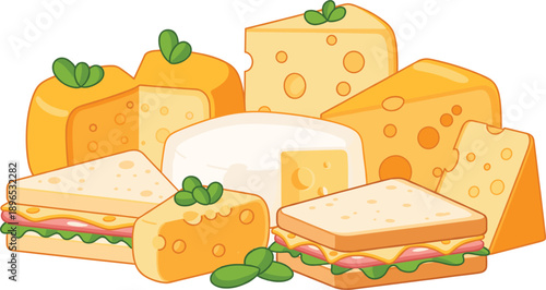 Cheese Blocks and Sandwiches Collection with Sliced Bread and Dairy Products Flat Vector Illustration