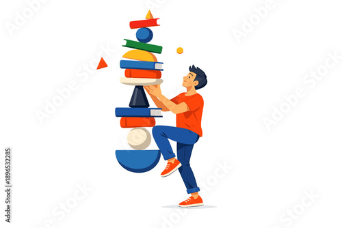 Building a tall stack of books while balancing a sphere during a study session at home in the afternoon sun