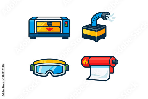 Laser cutter and tools for crafting projects in a workshop setting with tools and materials ready for use by creators and makers