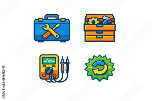 Toolbox graphics showing tools, a case, a multimeter, and a repair symbol for DIY projects and maintenance tasks