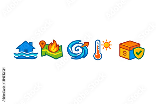Different natural disaster symbols show the risks of fire, flood, hurricane, and extreme temperatures in different places