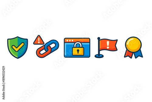 Icons showing security features such as a check mark, warning sign, a link symbol, a locked browser, a flag, and a medal representing safety and reliability