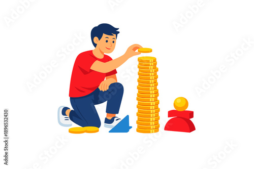 Young person stacking coins to build a tall tower while playing with colorful shapes in a simple and bright room setting