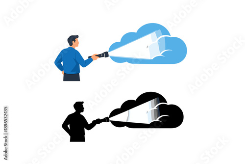 Man shines flashlight at clouds in daytime and nighttime scenes with different colors and contrasts shown in two parts of the image